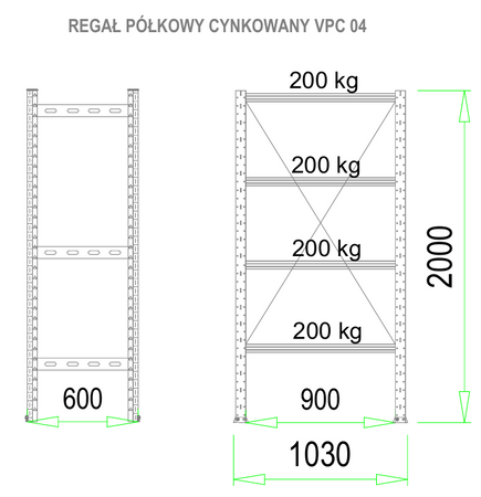 Regał półkowy cynkowany magazynowy  200 x 60 x 103 cm 200 kg/ poziom VPC04