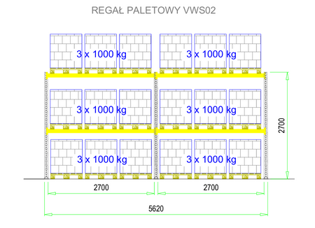 Regał paletowy magazynowy cynkowany 270 x 110 x 562 cm 3 x 1000 kg/ poziom VWS02