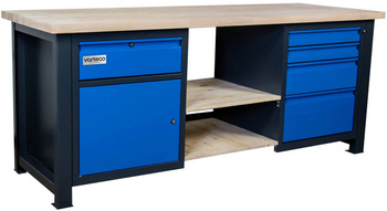 Stół warsztatowy do warsztatu z szufladami, półkami i szafką DP 2011