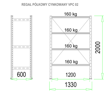Regał metalowy cynkowany magazynowy  200 x 60 x 133 cm 160 kg/ poziom z czterema półkami VPC02