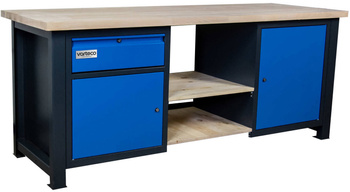Stół warsztatowy dla mechanika z szafkami, szufladą i półkami DP 2008