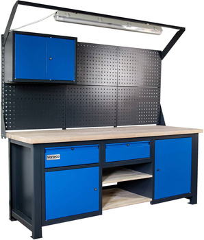 Stół warsztatowy z nadbudową, nadstawką do warsztatu z szufladami, półkami i szafkami DP 2030