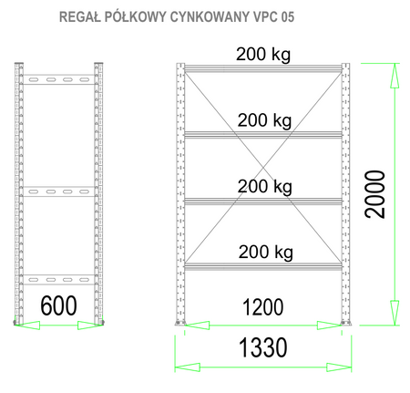 Regał półkowy cynkowany magazynowy  200 x 60 x 133 cm 200 kg/ poziom z czterema półkami VPC05