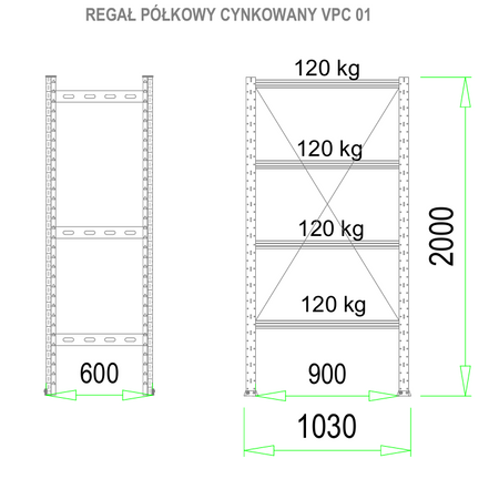 Regał metalowy cynkowany magazynowy  200 x 60 x 103 cm 120 kg/ poziom VPC01