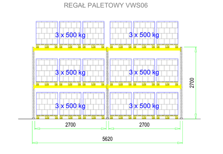 Regał ocynkowany paletowy magazynowy 270 x 110 x 562 cm 3 x 500 kg/ poziom VWS06
