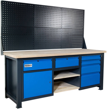 Stół warsztatowy składany z nadbudową do warsztatu z szufladami, półkami i szafką DP 2031