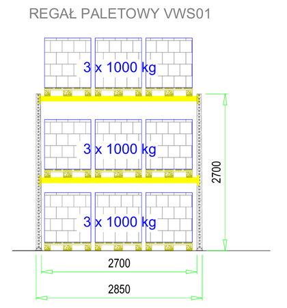 Regał paletowy metalowy cynkowany 270 x 110 x 285 cm 3 x 1000 kg/ poziom VWS01