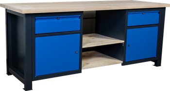 Stół warsztatowy do warsztatu z szafkami, szufladami i półkami DP 2010