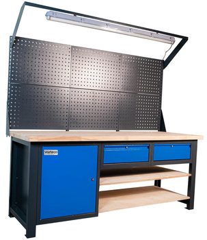 Stół warsztatowy z nadbudową, nadstawką do warsztatu z szufladami, półkami i szafką DP 2036