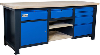 Stół metalowy warsztatowy do warsztatu z 6 szufladami, szafką i półkami DP 2033